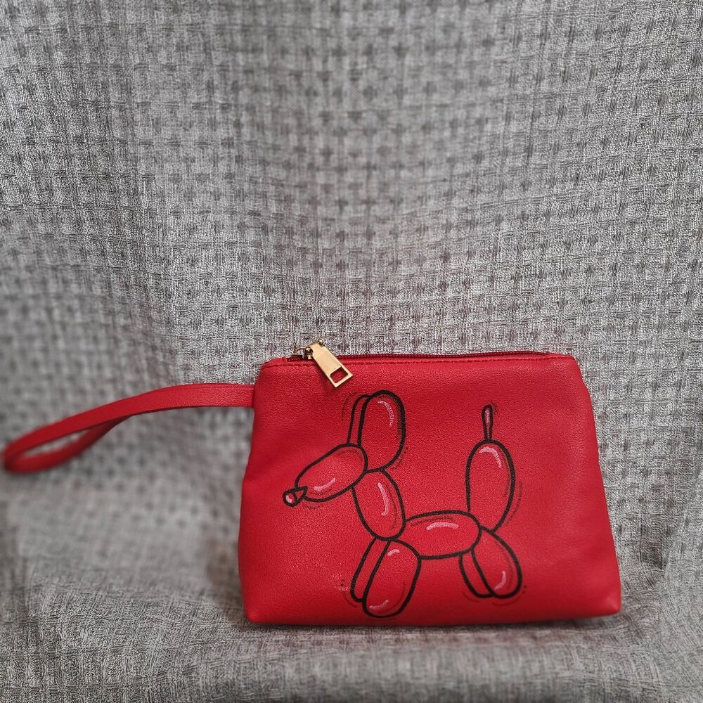 HANDPAINTED HANDMADE Red wristlet “Balloon Weenie Dog” Unique Thrifted